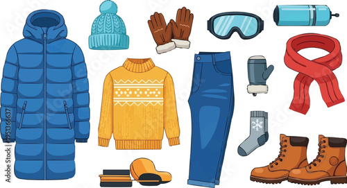 The image is a colorful illustration of various winter clothing items, arranged in a visually appealing manner. Here's a breakdown: