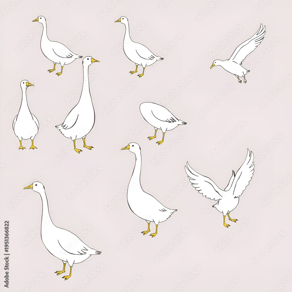 Fototapeta premium A group of white geese in various poses on a light pink background