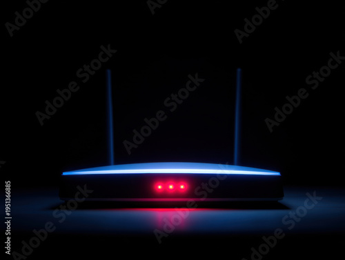 Modern wireless router with glowing blue light and red indicator lights in dark setting for technology concept
