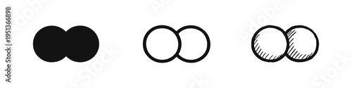 Two interconnected circles icon in three styles, symbolizing connection, partnership, bond, and molecular structure.
