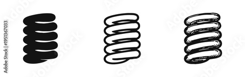 Vertical spiral or spring coil icon in three styles, symbolizing flexibility, dynamics, abstract form, and elasticity.