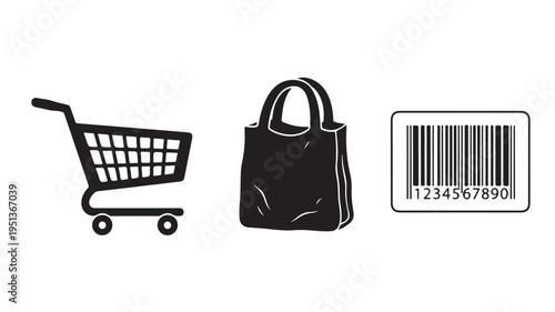 Shopping cart, handbag, and barcode on white background for e-commerce concepts