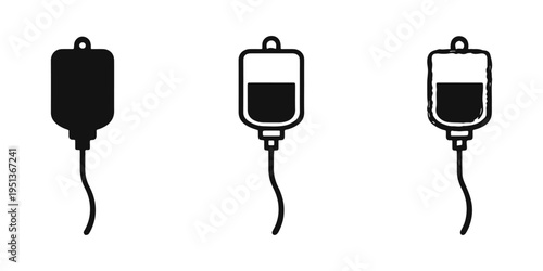 IV drip bag or blood transfusion icon in three styles, representing medical care, hydration, and therapy.