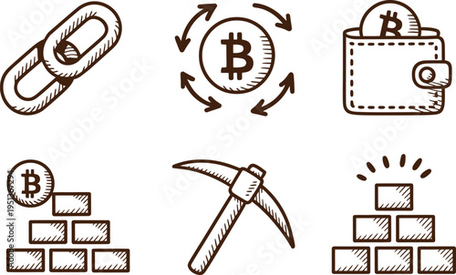 Six black and white line of cryptocurrency symbols and mining tools line cryptocurrency bitcoin wallet