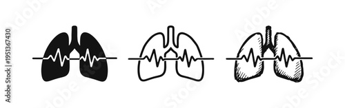 Lungs with Heartbeat Icon Set - Respiratory System, Breathing and Lung Health Symbol