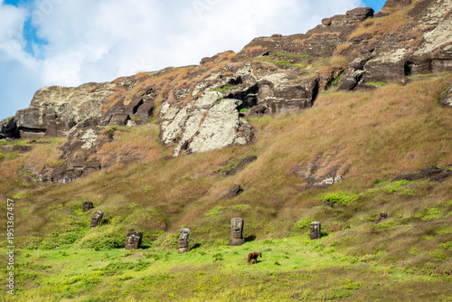 Moai statues and horse at Rano Raraku Easter Island