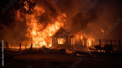 Rural homestead house consumed by wildfire at night
