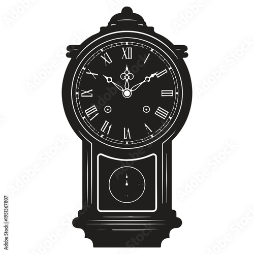 Antique grandfather clock silhouette with Roman numerals on a circular dial showing approximately ten past two with a small pendulum window below all isolated on transparent background