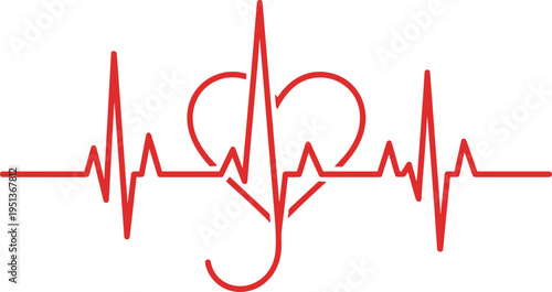 Red electrocardiogram vector illustration with heart and stethoscope design, symbolizing healthcare, cardiology, medical diagnostics, heart monitoring, and wellness concepts