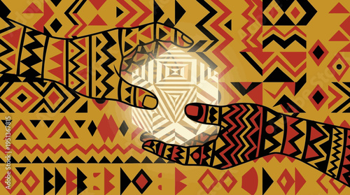 Glowing geometric data cube in hands with indigenous tribal pattern background