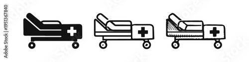 Hospital Bed or Stretcher with Medical Cross Icon Set - Healthcare, Emergency, and Patient Care Symbol