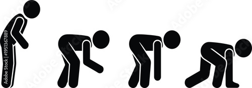 Stick Figure Person Bending Down in Four Sequential Poses on White Background human silhouette