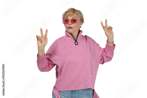 adult, emotional, mischievous, happy woman in pink clothes and glasses shows a victory sign, isolated object on transparent background, png