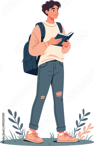 Illustrazione vettoriale di uno studente seduto o in piedi mentre studia e prende appunti. Concetto di apprendimento, concentrazione, educazione e studio, ideale per scuola, università e formazione.