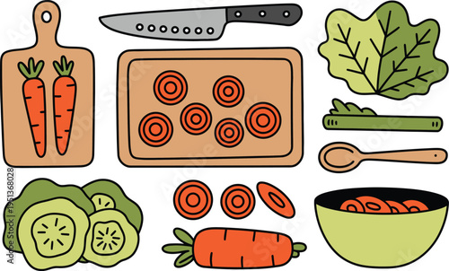Colorful of chopped vegetables, cooking utensils, and ingredients on a wooden board carrots cucumbers