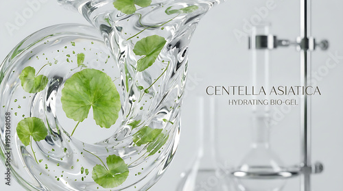 Centella asiatica leaves float in a clear glass vase on a table indoors