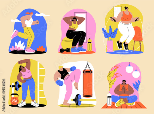Women Fitness Mini Compositions Collection Hand Drawn Flat Illustration