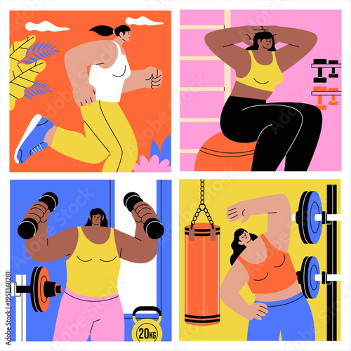 Women Workout Activities Grid Composition Hand Drawn Flat Illustration