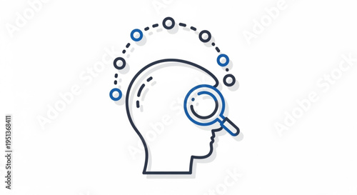 Person's head with magnifying glass analyzing thoughts and ideas