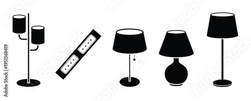 Set of isolated lamp icons, table lamps, floor lamps, desk lights, wall lights, ceiling lamps, lighting fixtures, home decor, interior design, illumination, and vector illustration 