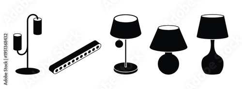 Lamp icon set, isolated vector symbols, table, floor, desk, wall, and ceiling lamps, lighting designs, home and office decor, illumination, interior decoration, and vector illustrations 