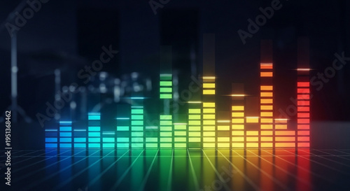 Vibrant sound wave bars in rainbow colors on dark background with futuristic ambiance and musical atmosphere
