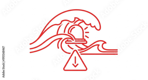 Red line art icon of a tsunami warning with a siren and wave.