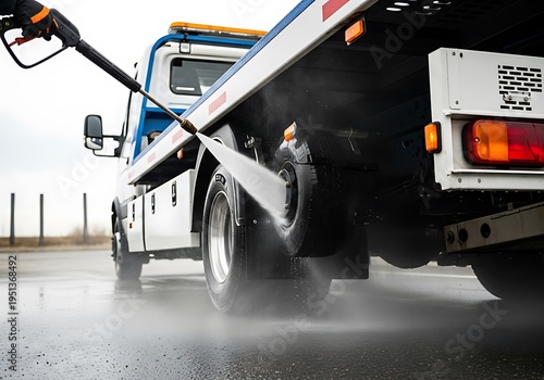 Professional high-pressure washing of a tow truck's wheels, ensuring thorough cleaning and vehicle maintenance for optimal performance