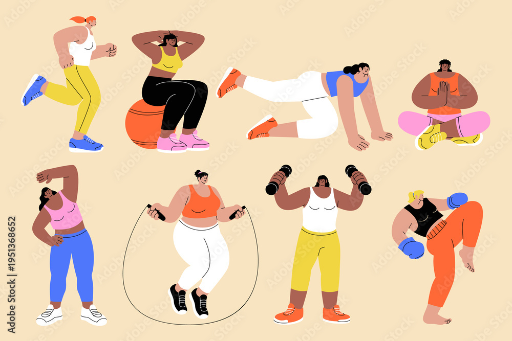 Fototapeta premium Women Exercising Hand Drawn Flat Illustration Set with Gym Equipment and Workout Activities