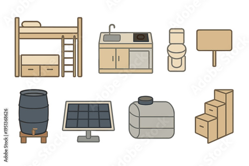 Collection of simple home furniture and utility items for a cozy living space design and decoration