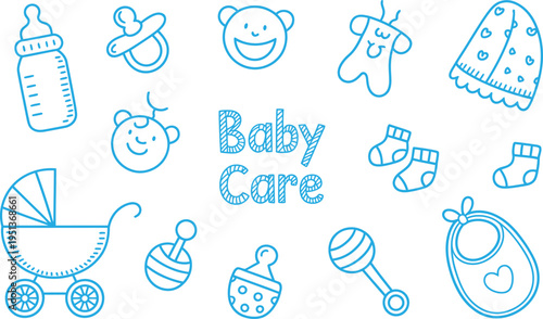 Blue line of baby care including stroller, pacifier, rattle, and socks