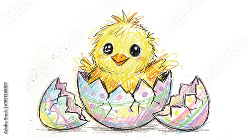 A cute yellow chick emerges from a broken eggshell in a charming vector illustration