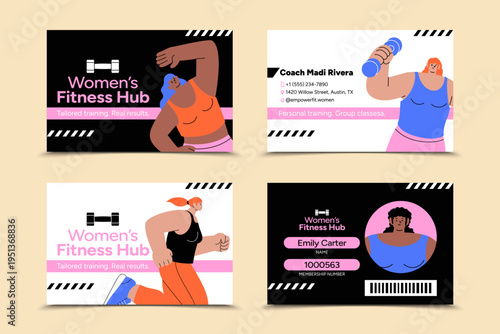 Women Fitness Hub Promotional Cards Hand Drawn Flat Illustration