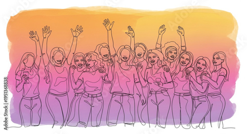 Diverse group of people celebrating with raised hands and arms.