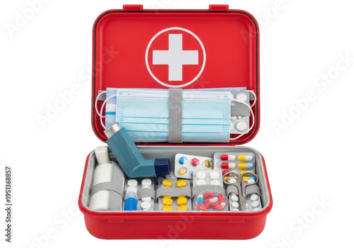 A red first aid kit with medical supplies