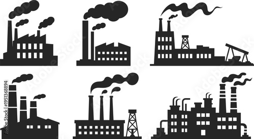 Black industrial factory silhouettes with chimneys emitting smoke representing pollution, energy production, heavy industry, environmental impact vector illustration design