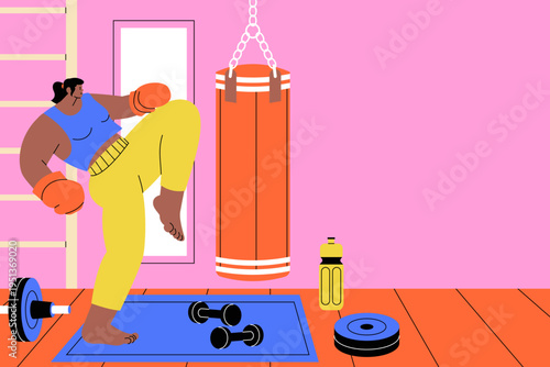 Women Exercising Background Gym Scene Hand Drawn Flat Illustration