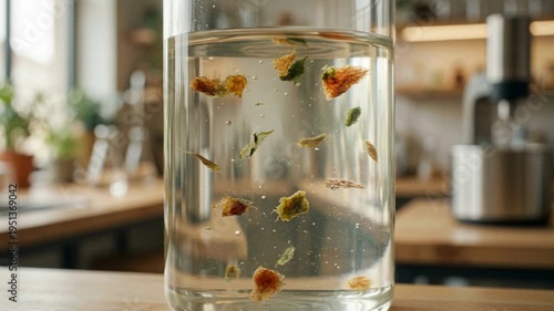 Wallpaper Mural Plant derived chemistry green brewing herbal infusion petals and leaves floating in clear jar creating calming botanical aroma in sunny kitchen Torontodigital.ca