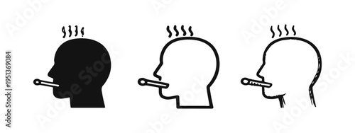 Fever or Sickness Icon Set - Head Profile with Thermometer Indicating High Temperature