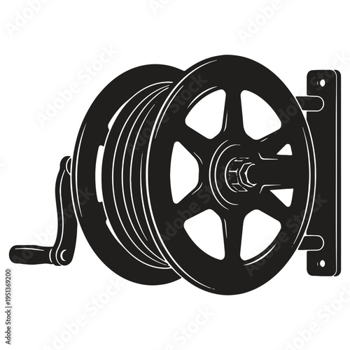 Detailed black silhouette illustration of a wallmounted hose reel with a crank handle ready for garden watering solutions and outdoor convenience
