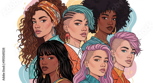 Diverse group of women with unique hairstyles and skin tones.