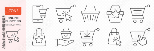 Online Shopping Line Icon Set Offers Clean, Modern, And Editable Stroke Symbols Designed For E-Commerce, Delivery, And Digital Retail Projects, Providing Clear Visuals For Web, Apps. Vector Icons