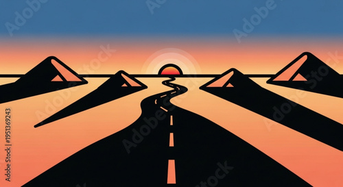 Winding desert road to pyramids at sunset with orange sky and blue horizon
