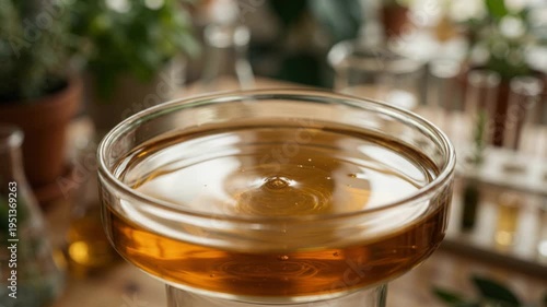 Wallpaper Mural Plant derived chemistry green syrup ripple glass bowl and glass cup amber botanical extract infused golden liquid wooden table with laboratory Torontodigital.ca