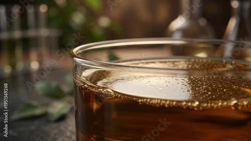 Wallpaper Mural Plant derived chemistry green amber infusion in glass bowl and beaker with bubbling surface tension, botanical extract, warm laboratory atmosphere Torontodigital.ca