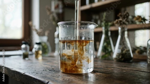 Wallpaper Mural Plant derived chemistry green chemistry inspired extract mixing amber liquid glass beaker with botanical plant samples and dropper laboratory Torontodigital.ca