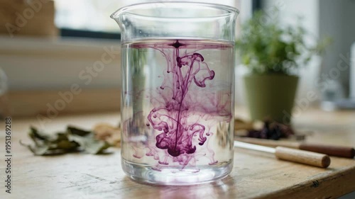 Wallpaper Mural Plant derived green chemistry purple dye diffusion clear glass beaker of water liquid swirling experiment wooden table with blurred plant background Torontodigital.ca