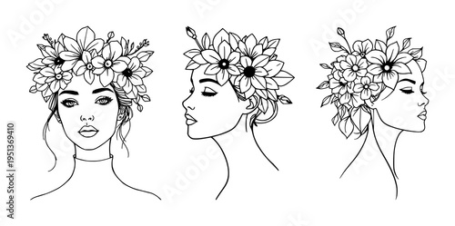 Line art woman with flowers set with stylized floral headband featuring abstract minimalist portrait, female figure, line drawing, vector illustration with flowers and silhouettes