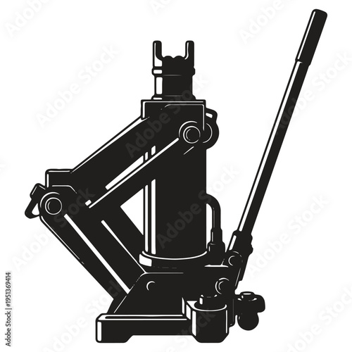 Detailed illustration of a black hydraulic scissor jack with a lifting arm and mechanical components in a stylized silhouette isolated on a plain white background