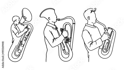 Tuba player set with continuous line drawing of a person playing a tuba featuring minimalist musical art, single black stroke, white background with line art and illustration